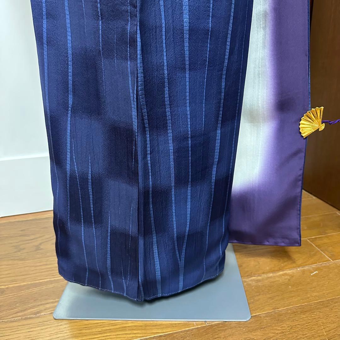 小紋 袷 正絹 紺 よろけ縞 変わり市松 身丈171裄72 トールサイズ