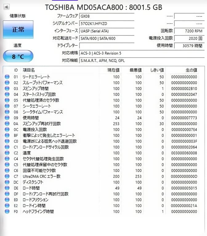 内蔵型ハードディスクドライブ TOSHIBA MD05ACA800 8TB HDD 011601 Amazon | TOSHIBA MD05ACA800 8TB 3.5インチHDD Serial ATA600 7200rpm