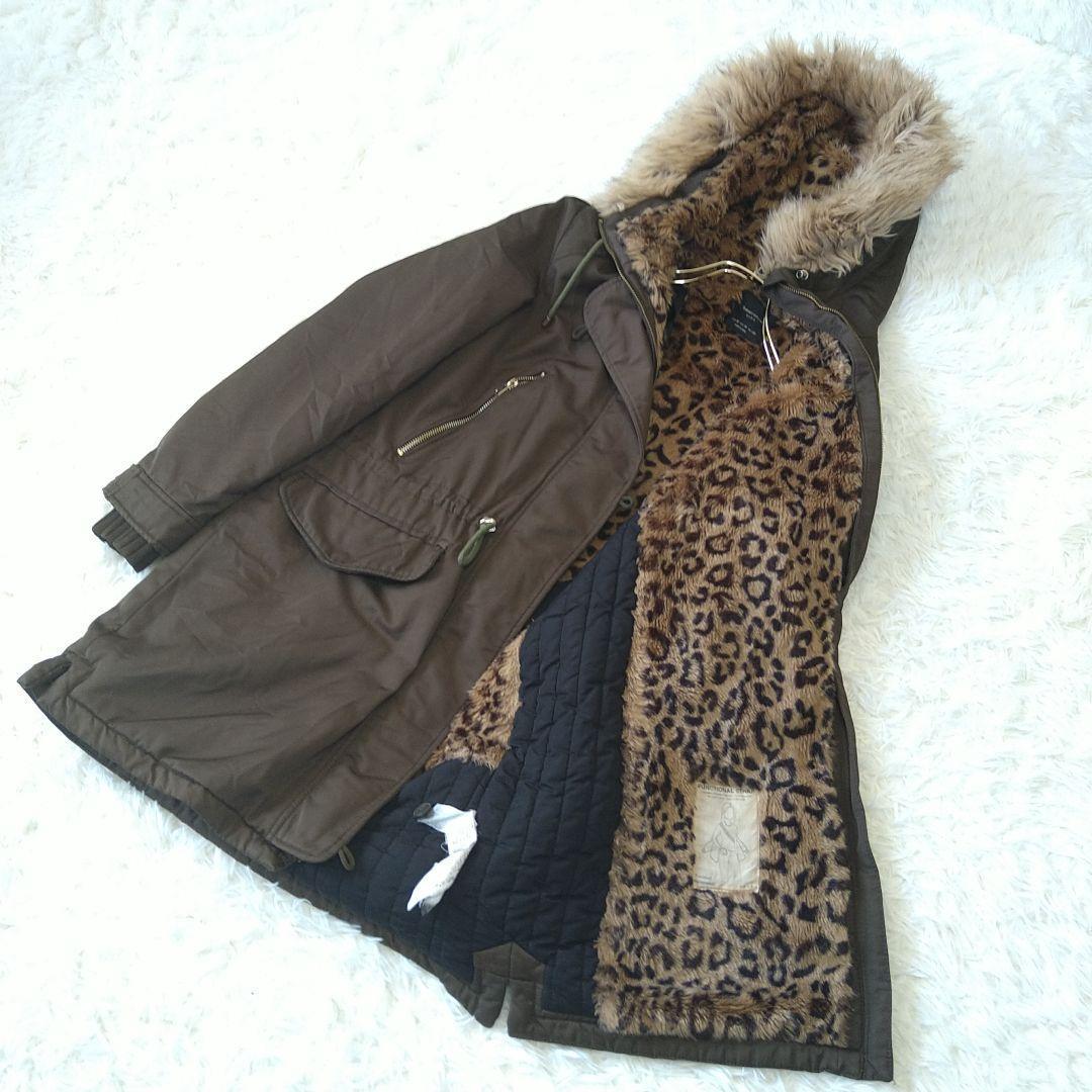 ZARA ザラ ヒョウ柄 ファー付きフードモッズコートMカーキ - メルカリ