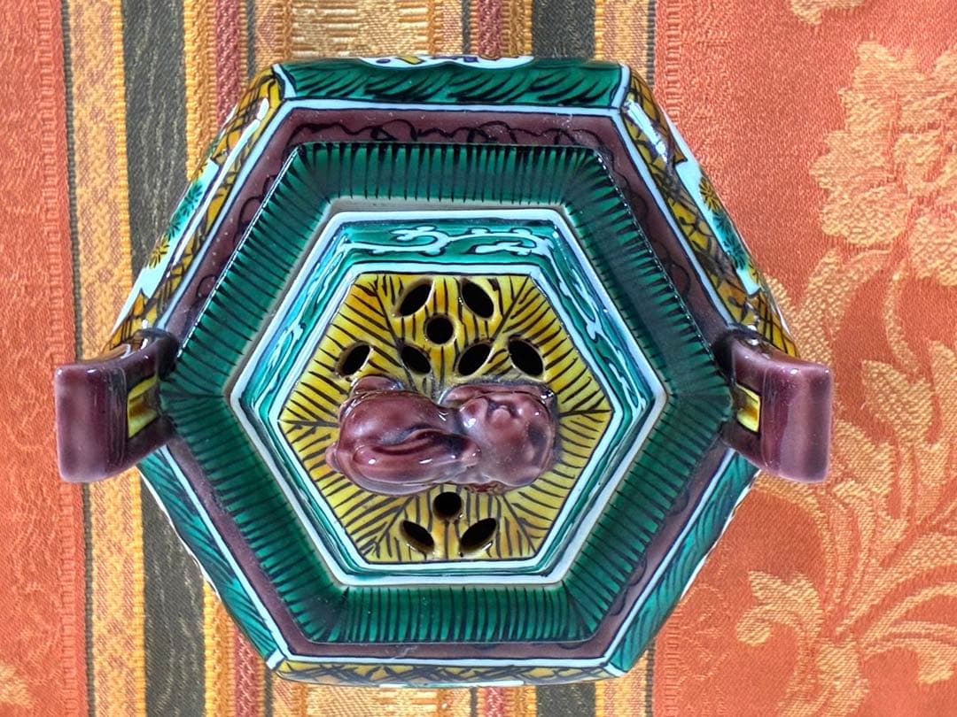 骨董＊九谷焼＊香炉＊陶器＊六角形＊獅子蓋付香炉＊年代物＊美品