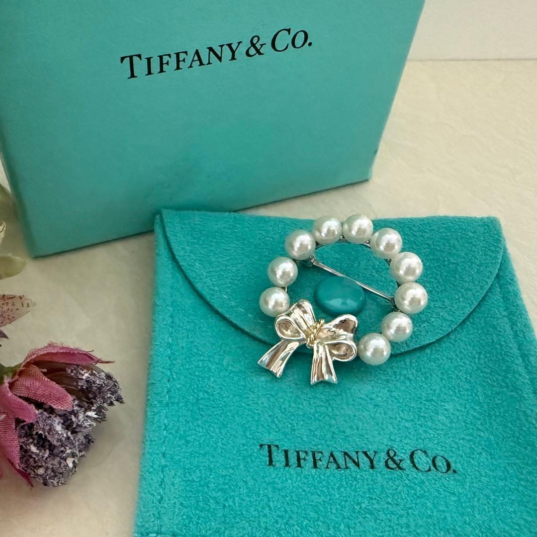 ティファニー925/750アコヤパールリボンリースブローチ 共箱付き
