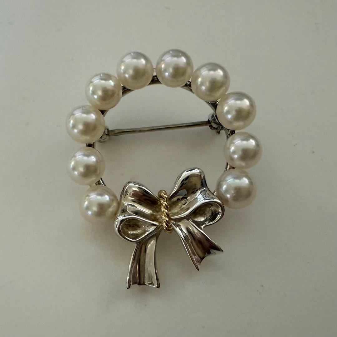ティファニー925/750アコヤパールリボンリースブローチ 共箱付き