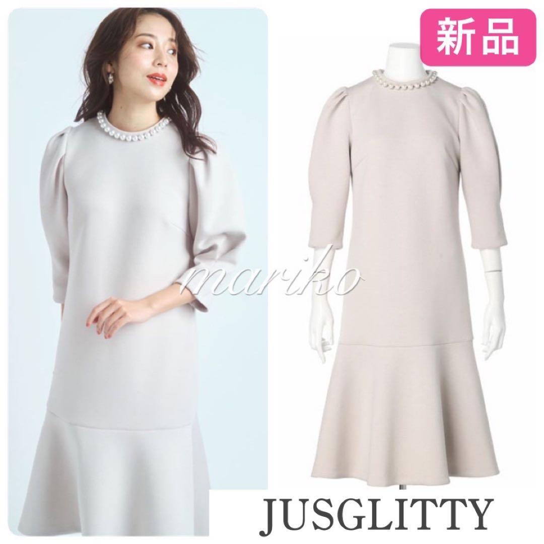 新品】ジャスグリッティー パール付ダンボールニットミニワンピース