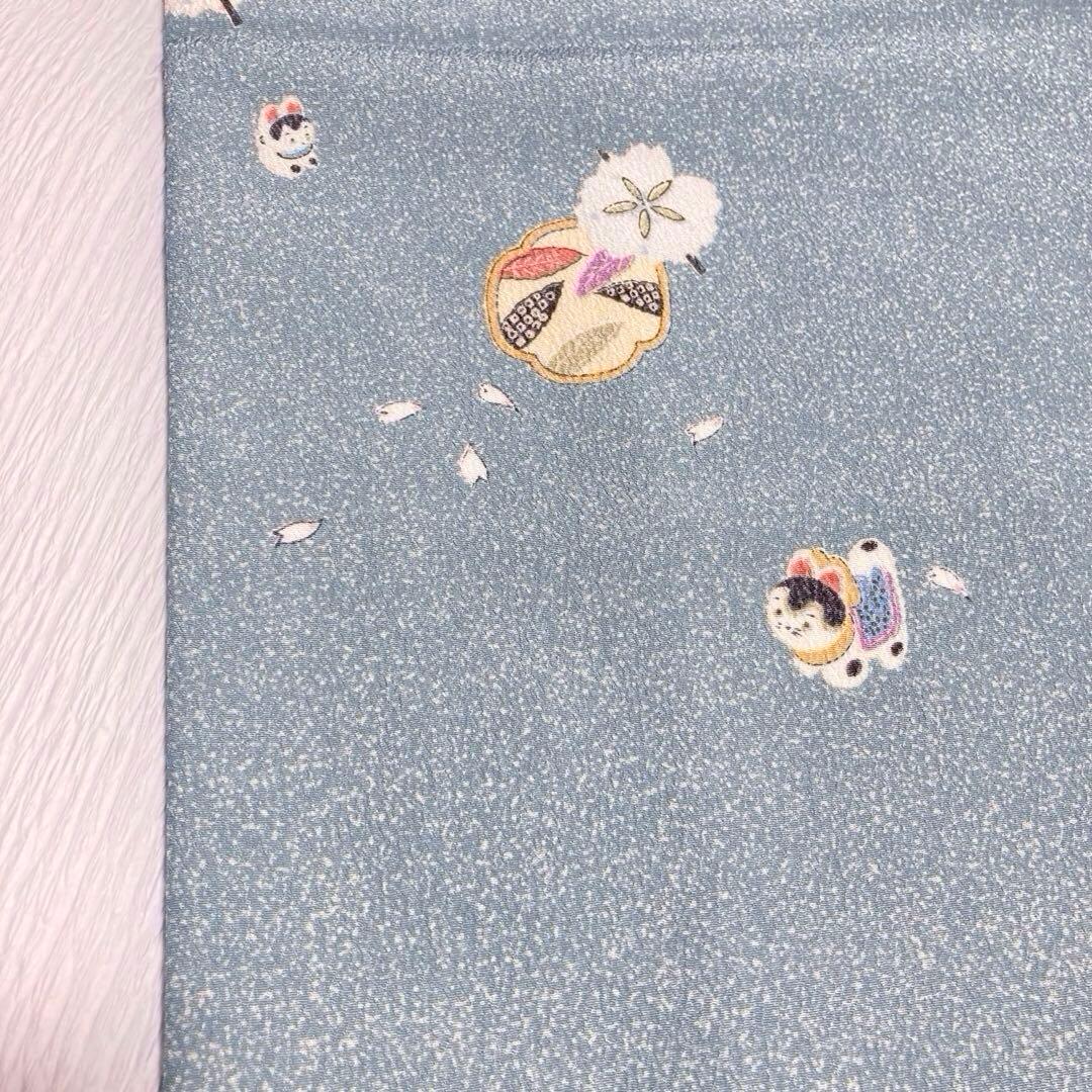 美品✨】東レシルック 洗える着物 小紋 水浅葱色 狛犬 桜 手縫い仕立て