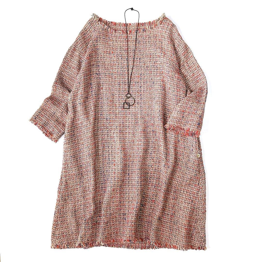 美品⁑45rpm コットンツイードロングワンピース　Aライン　フリンジ　レッド 美品⁑45rpm コットンツイードロングワンピース Aライン フリンジ