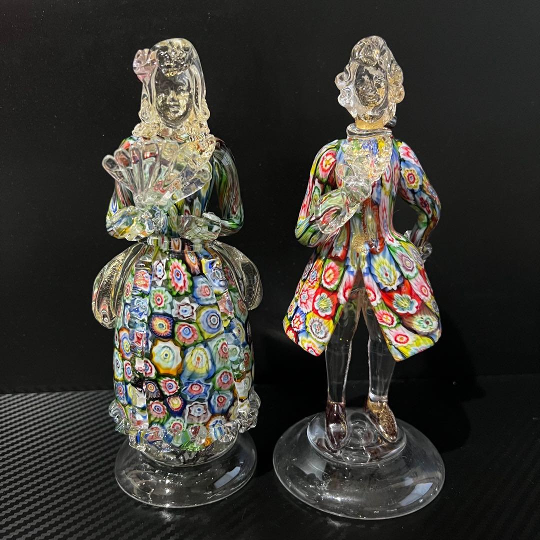 ベネチアンガラス ペア 人形 ミルフィオリ 貴族 ガラス工芸品 置物 ベネチアングラス ムラノ イタリア 人形 フィギュリン 貴婦人 クリア