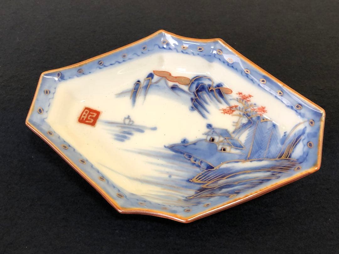 R》伊万里 染付金彩 山水図 菱形皿9客 変形皿250714E2