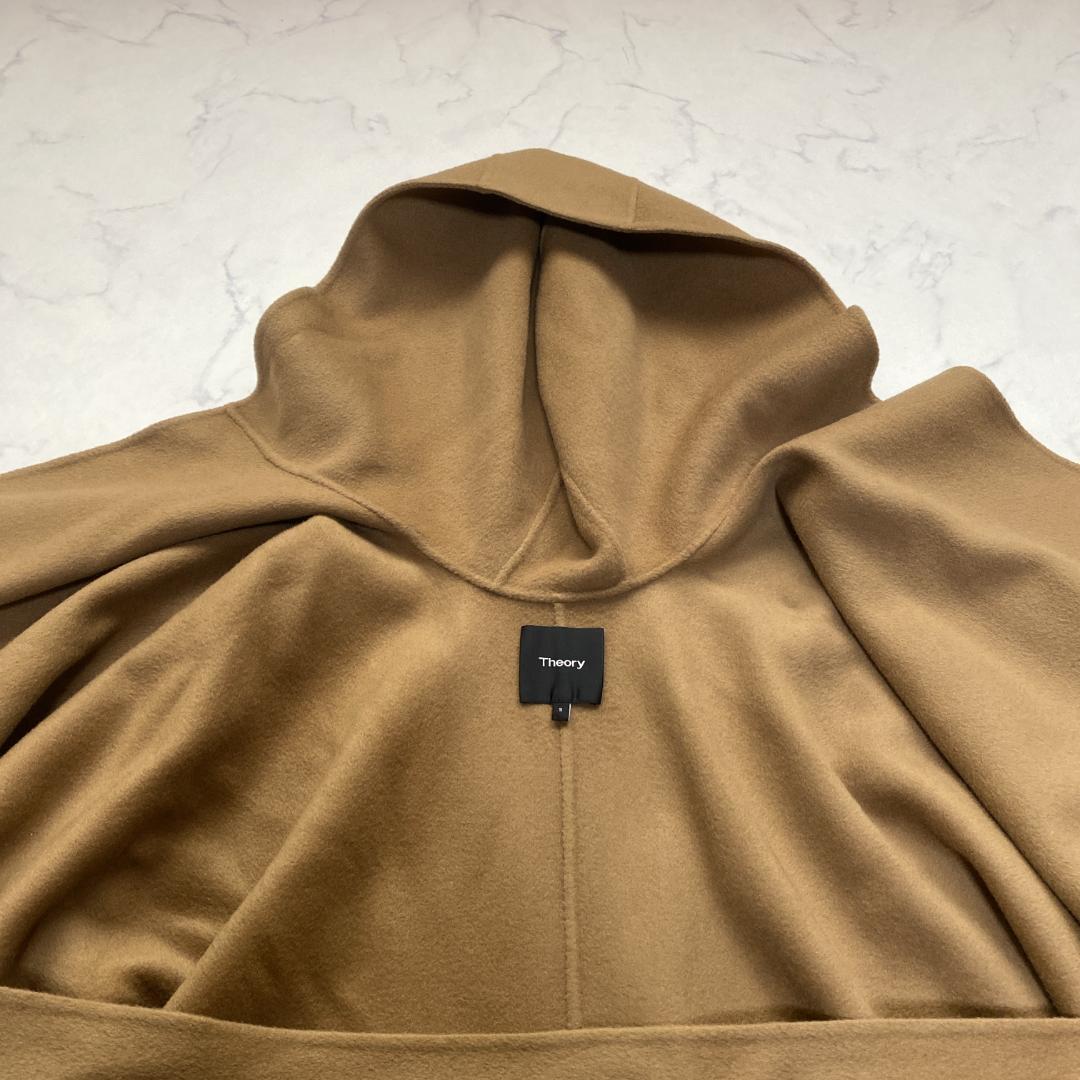 セオリー カシミヤ混 フード付きポンチョ ラップコート キャメル