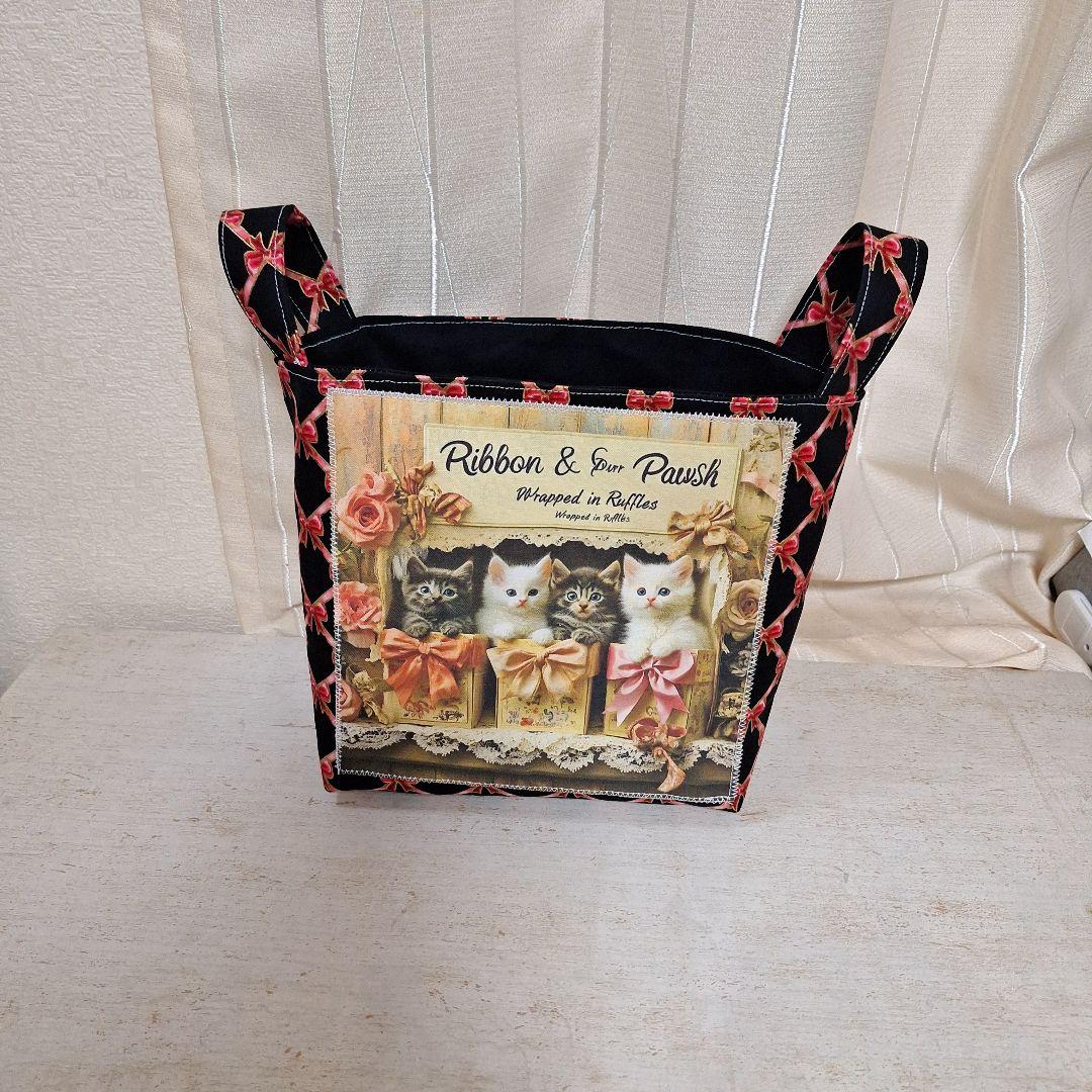 激レアねこと女の子パネル生地 ハンドメイド まちなしバッグ 布バスケット