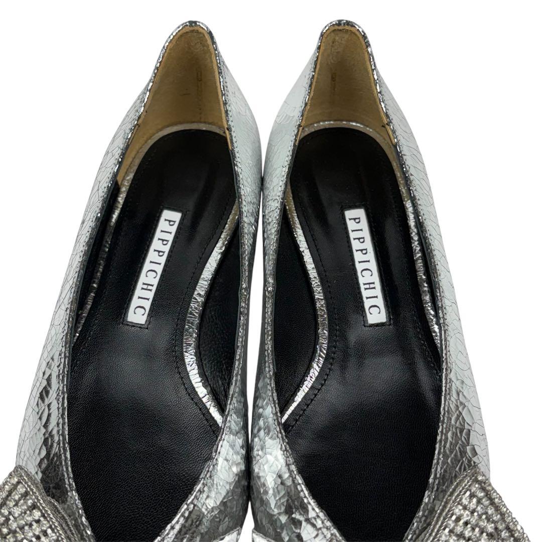 ✨新品同様✨ピッピシック　ビジュー　リボン　フラット　シルバー　24.5cm