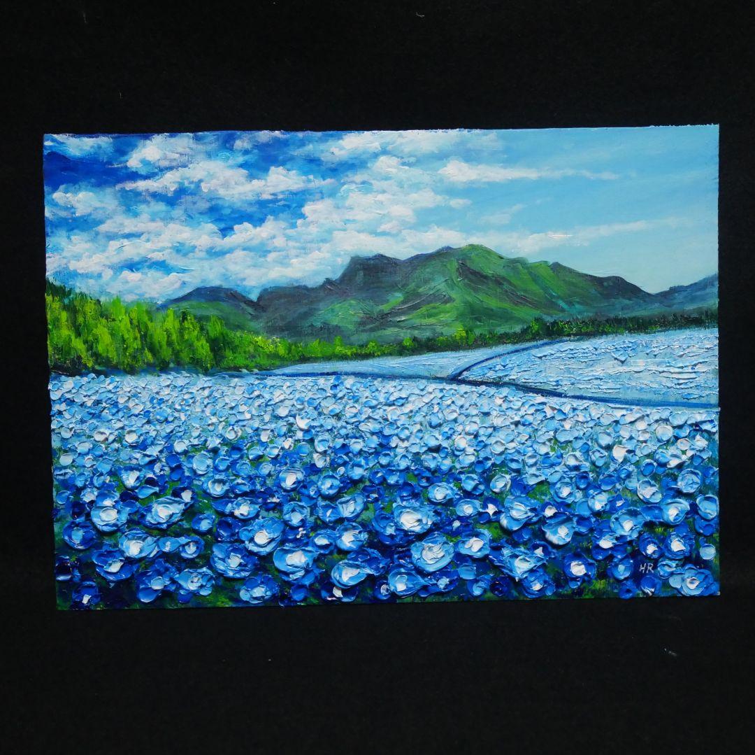 油絵 油彩 油彩画 絵 絵画【くじゅう花公園のネモフィラ畑】 - メルカリ