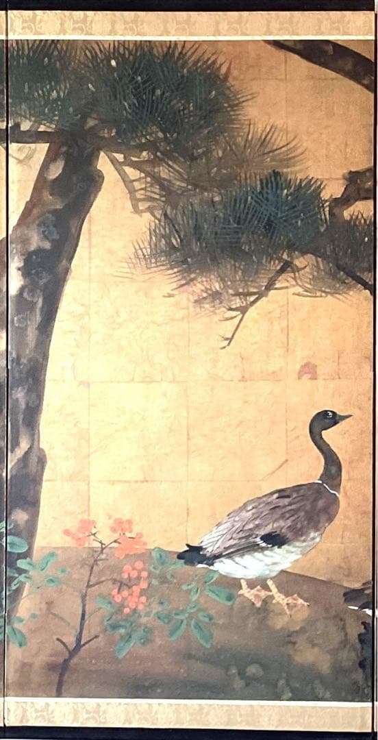 四つ折り屏風 日本画 金箔彩色 松に鴨