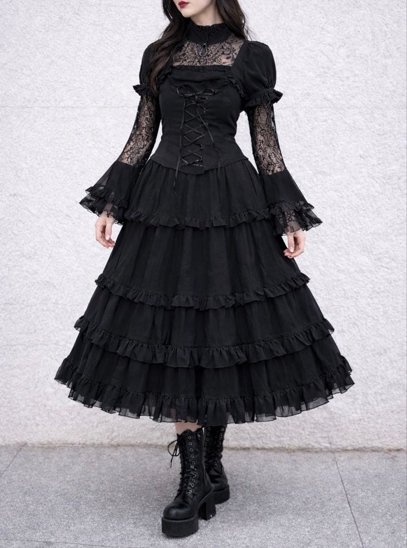 BPN 希少 コルセット 編み上げ 姫袖 ブラウス レース シア ゴシック 黒