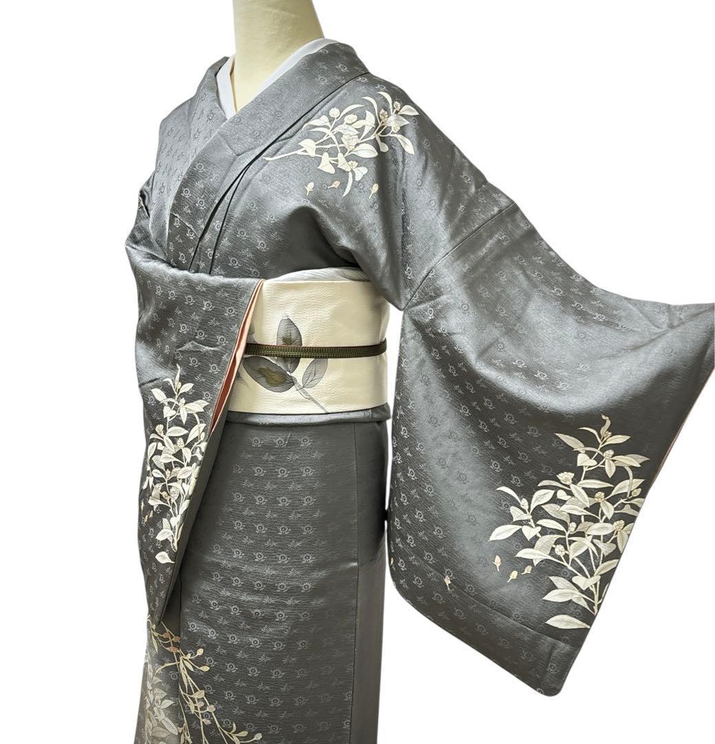 A151愛華 訪問着　錆鼠色　花地紋　染め花　正絹　フォーマル　身丈164cm 訪問着 着物 未使用 フォーマル 正絹 袷 手描き友禅 ブルーグレー 桜