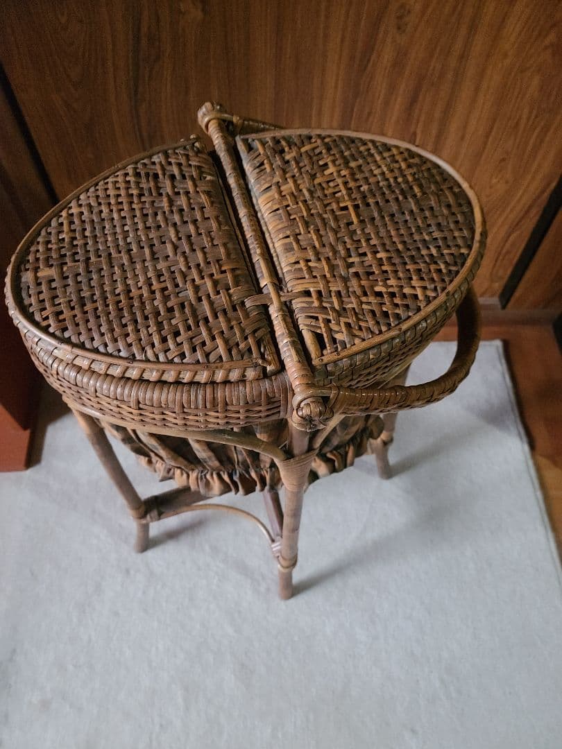 フランスアンティーク ラタン チェック柄 バスケット