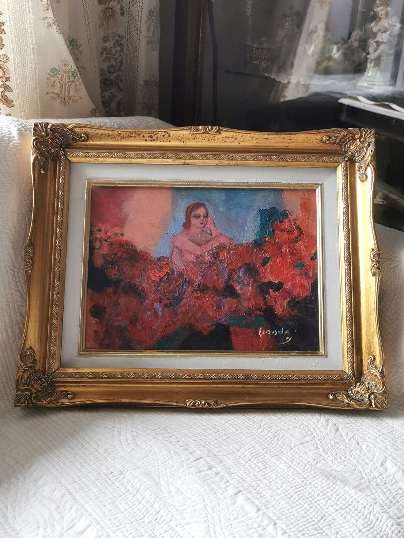 本多陽子 バラに恋する女 油彩画 F４号 署名入り金縁額装箱付き 日本美術家連盟 絵画 額入り 壁掛け F4 伊藤若冲 日本の名画 複製画 額飾り 1枚 日本画