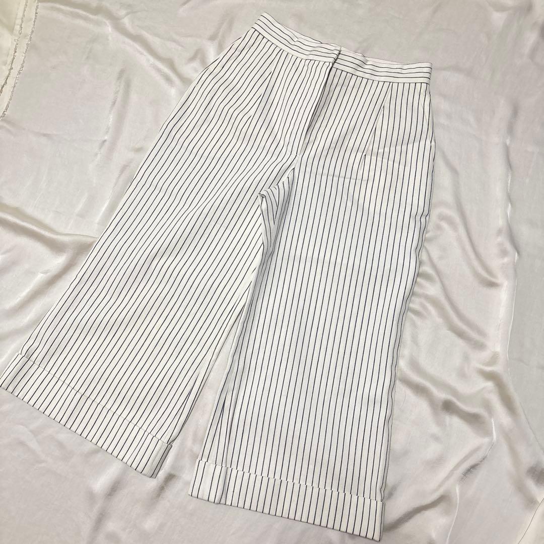 CHANEL ストライプ 七分丈 ガウチョパンツ 白 36 パンツ ワイドパンツ レディースパンツ 7分丈 ストライプパンツ 着やせ