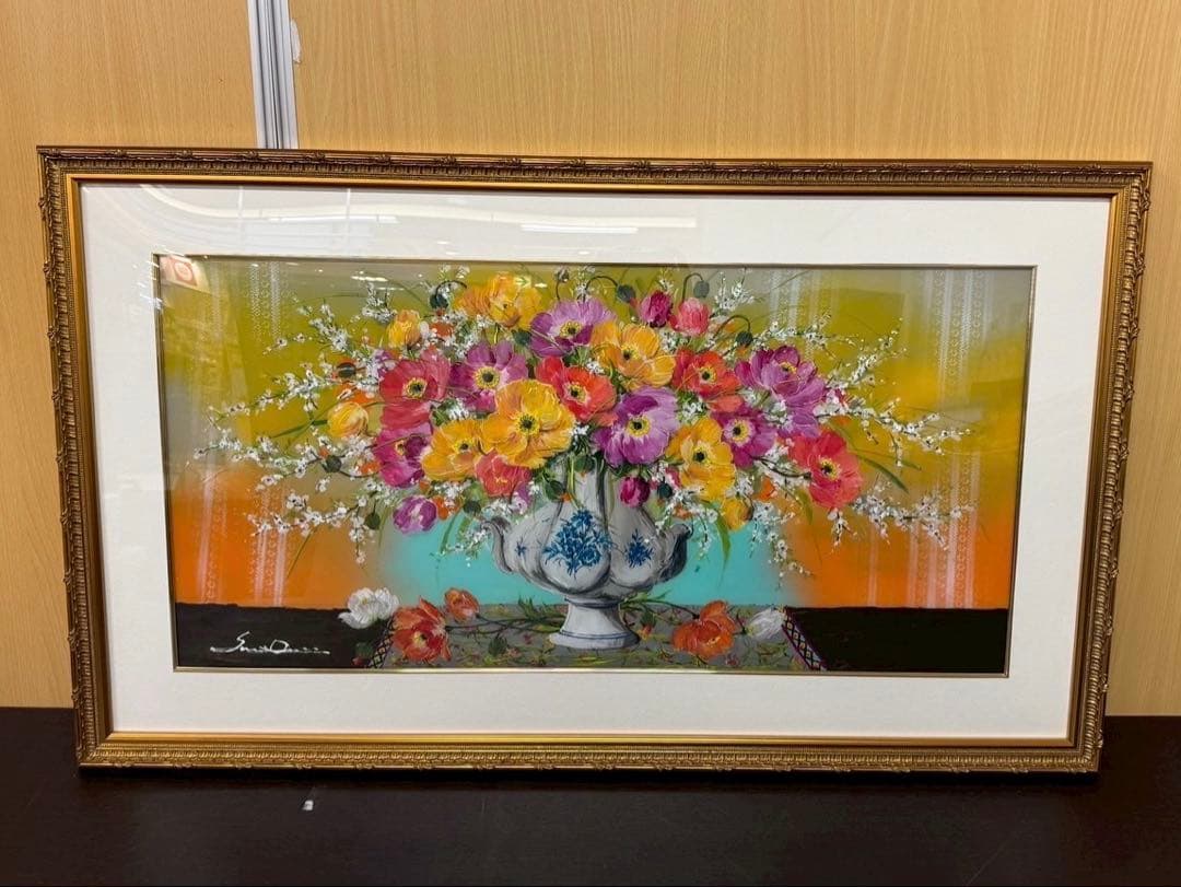 大野剛正　「好日」　アクラス画　ガラス絵　絵画 額装 約110cm×約66cm 大野剛正 好日 アクラス画 ガラス絵 油絵 油彩画 フラワー 花 絵画