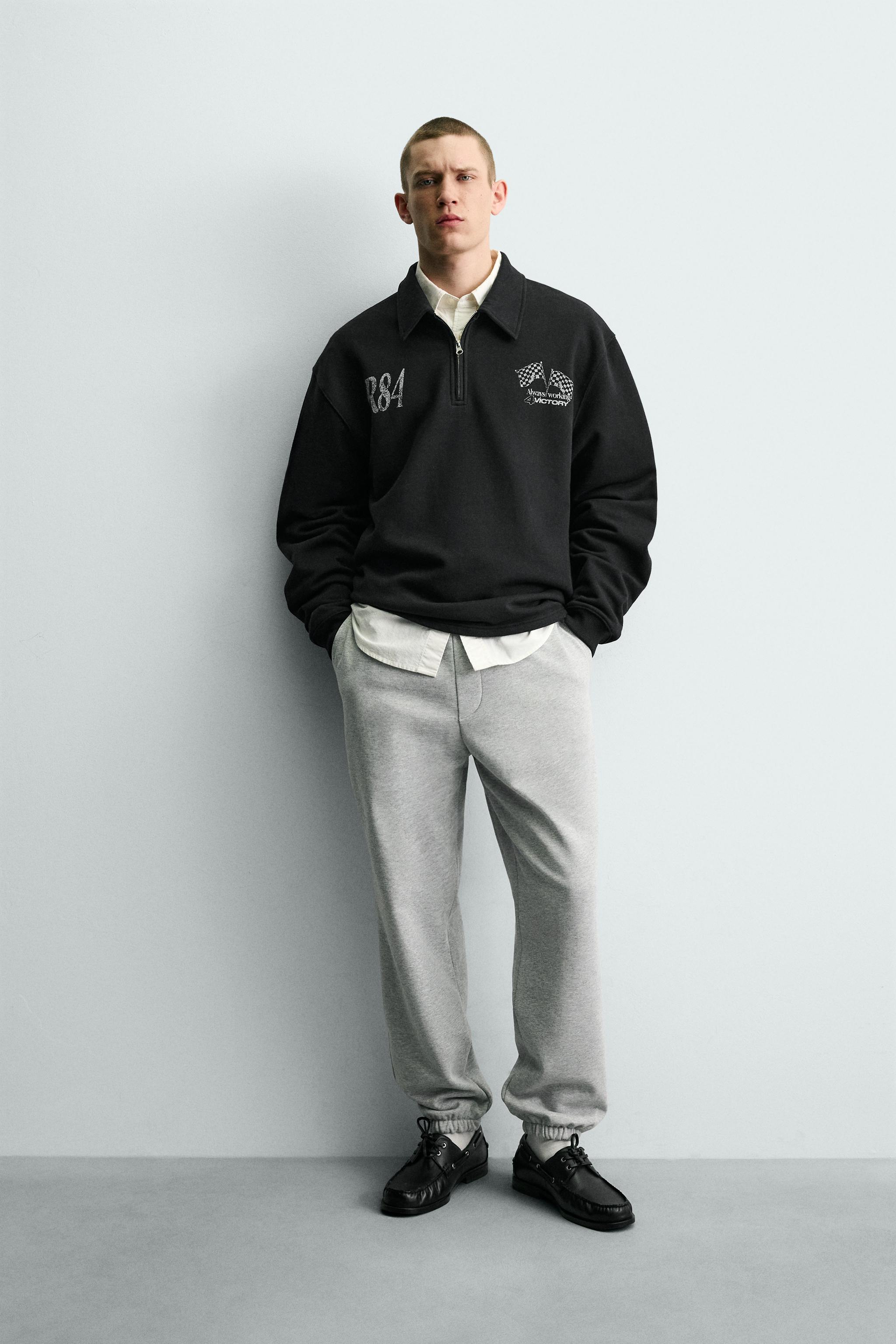 TEXT PRINT QUARTER-ZIP SWEATSHIRT - Black | ZARA United States